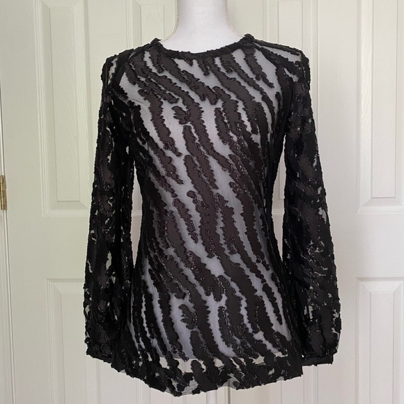 Hilton Hollis- NWT Black Sheer Tiger Print Velvet Burnout Longsleeve Top - Picture 6 of 12